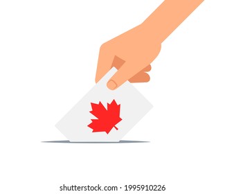 Hand putting vote with maple leaf illustration. Clipart image.