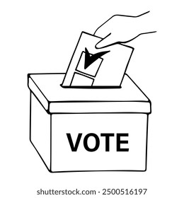 Hand putting vote paper ballot into voting box. Election Vote concept. Monochrome voting ballot box icon. Logo in line style isolated on transparent background. Hand drawing doodle