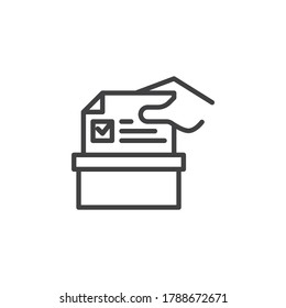 Hand putting voting ballot in a box line icon. linear style sign for mobile concept and web design. Presidential election outline vector icon. Symbol, logo illustration. Vector graphics