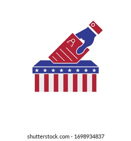 Hand putting voting ballot into vote box. Female candidate profile. The US presidential election 2020. American flag colors. Vector illustration.