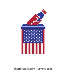Poner la papeleta de voto en la casilla de votación. Concepto de votación. Las elecciones presidenciales de Estados Unidos de 2020. Colores de la bandera estadounidense. Ilustración vectorial.