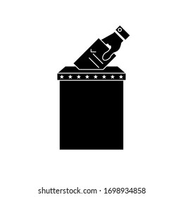 Hand putting voting ballot into vote box. Black and white icon. The US presidential election 2020. American flag colors. Vector illustration.