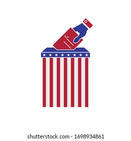 Hand putting voting ballot into vote box. Voting concept. The US presidential election 2020. American flag colors. Vector illustration.