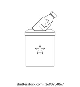 Hand putting voting ballot into vote box. Line icon. The US presidential election 2020. American flag colors. Vector illustration.