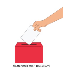 Poner la cédula de votación en una urna roja. С concepto de Libertad y Democracia aislado de fondo blanco. Banner creativo, logotipo, icono. Ilustración del contorno del vector.