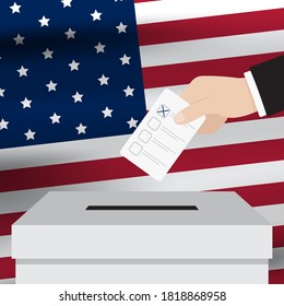 Poner la cédula de votación en la casilla de votación de la bandera de los Estados Unidos. Concepto de votación. Vector