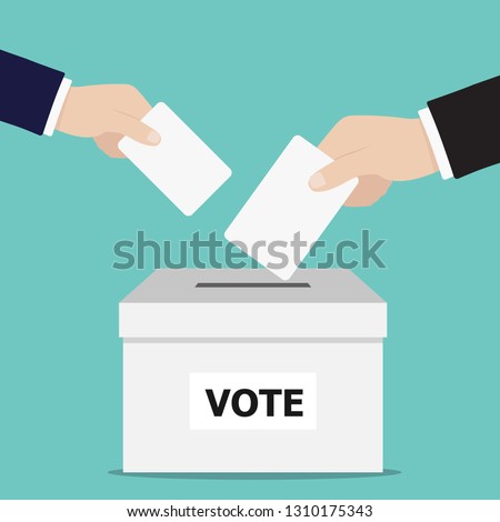 Hand putting voting ballot into vote box. Voting concept. Vector