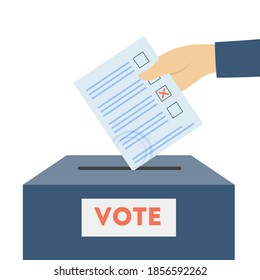 Hand, die das Wahlbulletin in Schachtel legt. Stimme, Wahl, Präsident flach Vektorgrafik. Demokratie- und Wahlkonzept für Banner, Website-Design oder Landing-Webseite