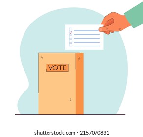 Hand putting voting bulletin into box. Document with lines with red tick. Voting, choice concept for banner, website design or landing web page