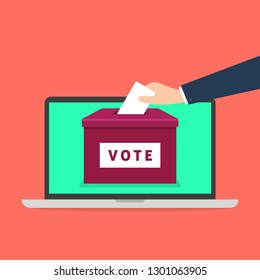 Hand putting voting paper in the ballot box on a laptop screen. Voting online concept.