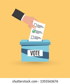 Hand Putting Voting Paper in the Ballot Box. Voting concept. Casting his vote into ballot box. voting ballot in a slot of box. Flat design vector illustration