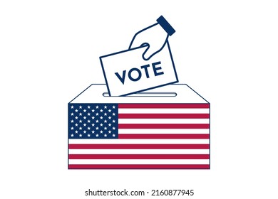 Hand putting voting paper in the ballot box with USA flag. Voting icon. vector illustration