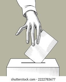 Poner mano en la urna de votación. Dibujo estilizado de grabado de época. Ilustración del vector