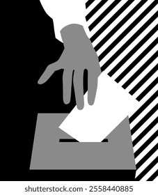 Hand putting voting paper in the ballot box. Black and white drawing in flat style. Vector illustration 