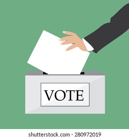 Hand putting voting paper in ballot box vector illustration green background. Voting box. Voting concept