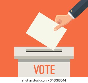 Hand putting voting paper in ballot box. Vector flat illustration