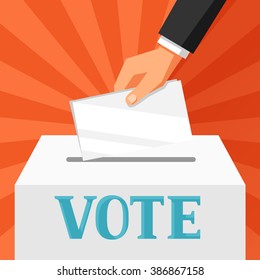 Hand putting voting paper in ballot box. Political elections illustration for web sites, banners and flayers.