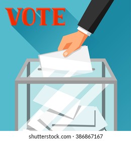 Hand putting voting paper in ballot box. Political elections illustration for web sites, banners and flayers.