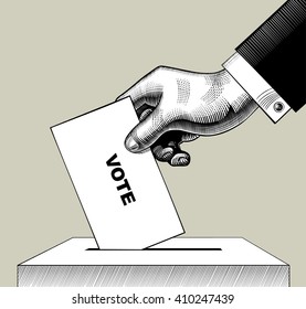 Hand putting voting paper in the ballot box. Vintage engraving stylized drawing. Vector illustration 