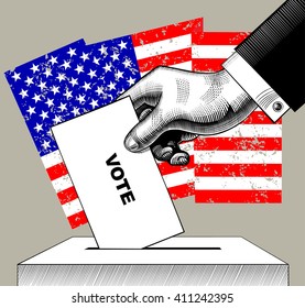 Hand putting voting paper in the ballot box on USA flag background. Concept of US Presidential election. Vintage engraving stylized drawing. Vector illustration 