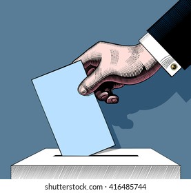 Hand putting voting paper in the ballot box. Vintage engraving stylized colored drawing. Vector illustration 