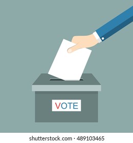 Hand putting voting paper in ballot box. Vector illustration