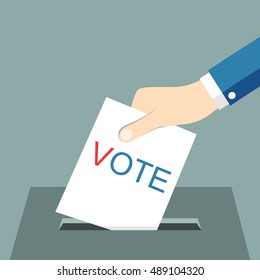 Hand putting voting paper in ballot box. Vector illustration
