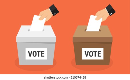 Hand putting voting paper in ballot box. Vector flat illustration