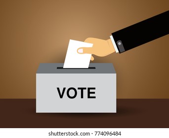 hand putting voting paper in the ballot box ,  voting ballot in a slot of box