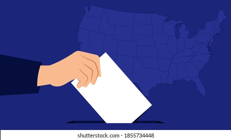 Hand putting voting paper in the box. Concept of election in US. Blue background with US map. 