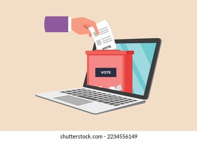 Hand putting voting paper in the box on a laptop screen for General Regional or Presidential Election. Voting concept. Colored flat graphic vector illustration. 