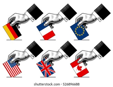 Hand putting voting paper with flags of USA, Canada, EU, Germany, France and Great Britain. Vintage stylized election conceptual drawing. Vector illustration 