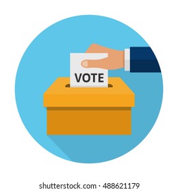 Hand putting voting paper into the ballot box. Flat voting icon