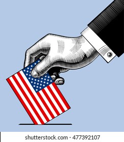 Hand Putting Voting Paper With The US Flag. Vintage Stylized USA Election Conceptual Drawing. Vector Illustration 