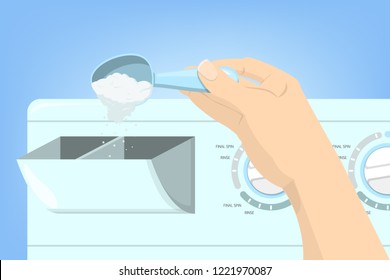 Hand putting washing powder in washing machine. Clothes care and domestic work concept. Detergent for machine. Isolated vector illustration