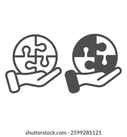 Hand with puzzle game bubble line and solid icon, design recruitment concept. Vector graphics. Puzzle piece in hand, training sign on white background, outline style icon for mobile or web design