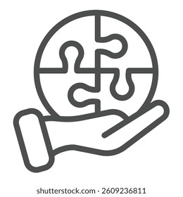 Hand with puzzle game bubble line icon, design recruitment concept. Vector graphics. Puzzle piece in hand, training sign on white background, outline style icon for mobile or web design