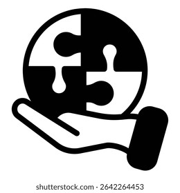 Mão com o jogo de quebra-cabeça ícone sólido bolha, conceito de recrutamento de design. Gráficos vetoriais. Peça de quebra-cabeça na mão, sinal de treinamento no fundo branco, estilo móvel ou design
