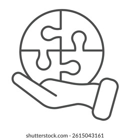 Hand with puzzle game bubble thin line icon, design recruitment concept. Vector graphics. Puzzle piece in hand, training sign on white background, outline style icon for mobile or web design