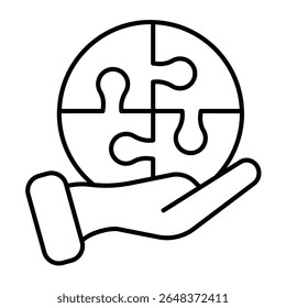Hand with puzzle game bubble thin line icon, design recruitment concept. Vector graphics. Puzzle piece in hand, training sign on white background, style mobile or design