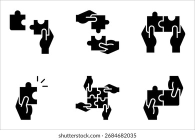 mão conjunto de ícones de quebra-cabeça, conceito de trabalho em equipe, quebra-cabeça linear sinal vetor ilustração no fundo branco