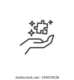Hand with puzzle line icon. linear style sign for mobile concept and web design. Problem solving outline vector icon. Symbol, logo illustration. Vector graphics