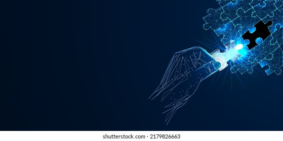 Hand und Puzzle. Low-Poly-Maschenrahmen Geschäftsstrategie, Erfolgslösung, Jigsaw Games Symbol. Ideenmetapher. Kreative Idee, Verbindung, Herausforderung, begleiten uns Konzept	