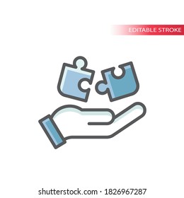 Icono de vector de línea de piezas de mano y rompecabezas. Esquema de estrategia de negocio y concepto de solución con símbolo de relleno.