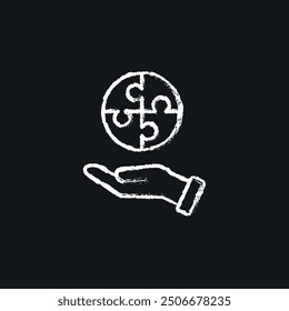 Hand and Puzzle. Teamwork chalk icon. Vector isolated black illustration.
