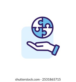 Hand with puzzles color icon with blue accents. Simple vector linear illustration. Flat pictogram with rounded corners.