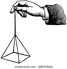 Mão e pirâmide suspensos por uma corda, vintage linha desenho ou gravura ilustração.