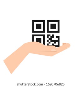 Mano con el icono de código QR. Imagen de cliente aislada en fondo blanco