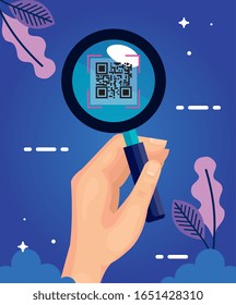 código mano y qr en el diseño de la ilustración vectorial de vidrio de aumento
