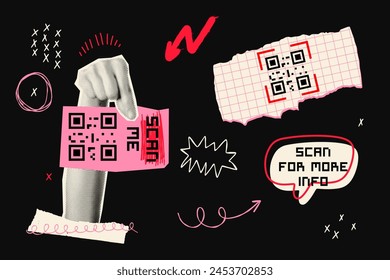 Hand with QR code. Scribble, torn paper, speech bubble, arrow. Halftone collage. 
Modern cut out banner. Trendy vintage mixed media design. Retro Y2K magazine elements. Contemporary aesthetic.